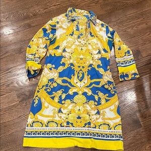Barbara Gerwit  L Blue, Yellow and White Baroque Print Tunic Dress